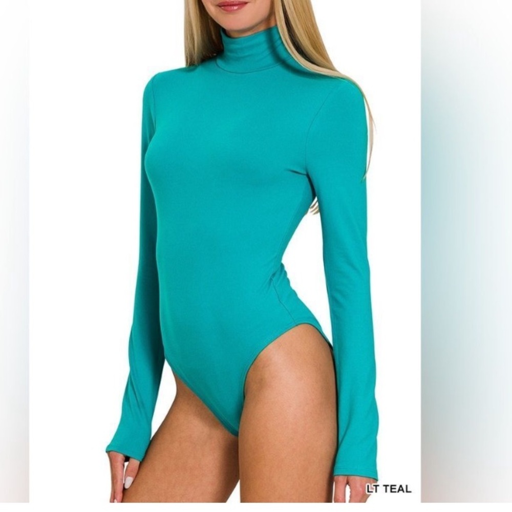 Zenana Butter Soft Mock Neck Bodysuit Teal Long Sleeve Layering Essential Bold